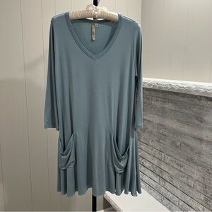 Comfy USA Light Blue Soft Modal V-Neck Draping Front Pocket Tunic Top M